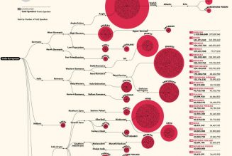 A diagram of the 100 most-spoken languages in the world…