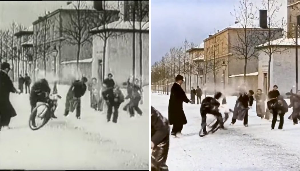This colorized footage of a snowball fight filmed in 1886 is captivating…