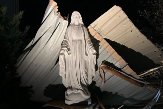 Marian statue stops flyaway roof at St. Stephen Parish in Weatherford, Texas…